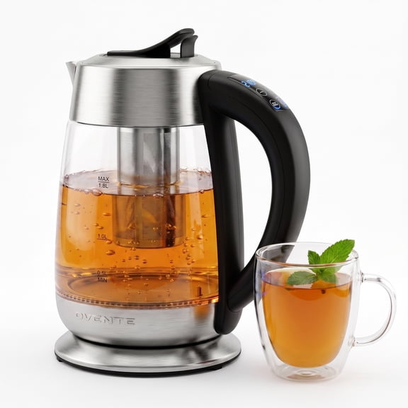 OVENTE 1.8L Glass Electric Kettle with Tea Infuser, Silver KG661S | 1500W Fast Boiling, Easy Fill Lid, 6 Temperature Control, Keep Warm, Digital Display, BPA-Free, Auto Shut-Off, 360° Base