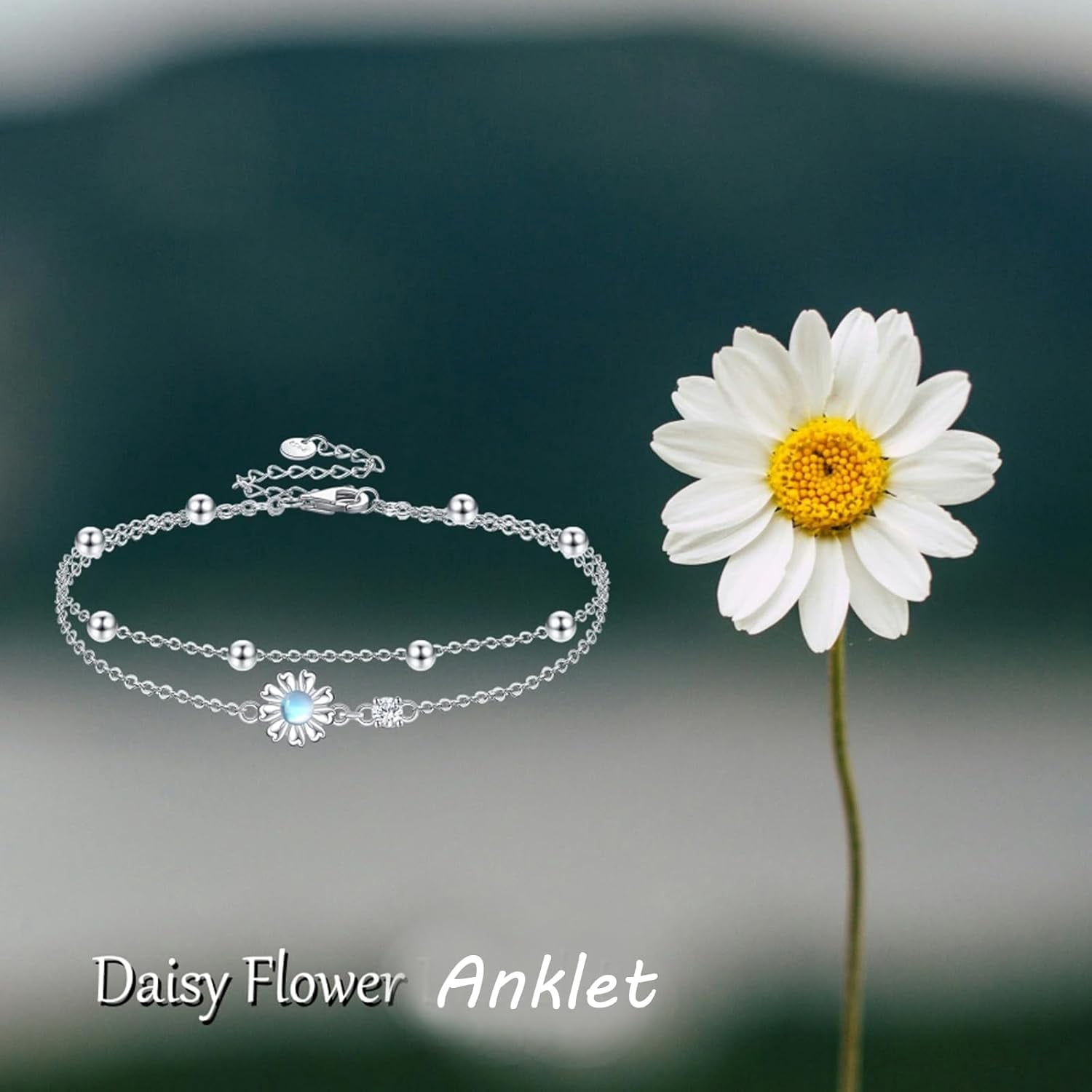 Daisy Moonstone Anklet Sterling Silver Daisy Flower Layered Ankle Bracelet Daisy Moonstone Jewelry for Women Gifts
