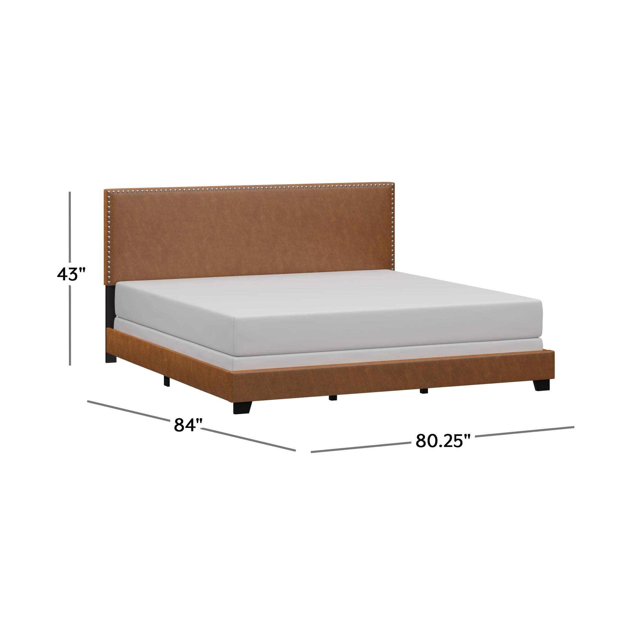 Willow Nailhead Trim Upholstered King Bed, Saddle Brown Faux Leather