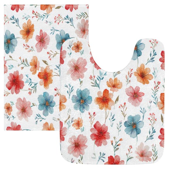 2 Piece Bath Mat Set with U-Shaped Toilet Mat and Rectangle Bath Rugs Non Slip Machine Washable Bathroom Mats Pastel Watercolor Floral Pattern