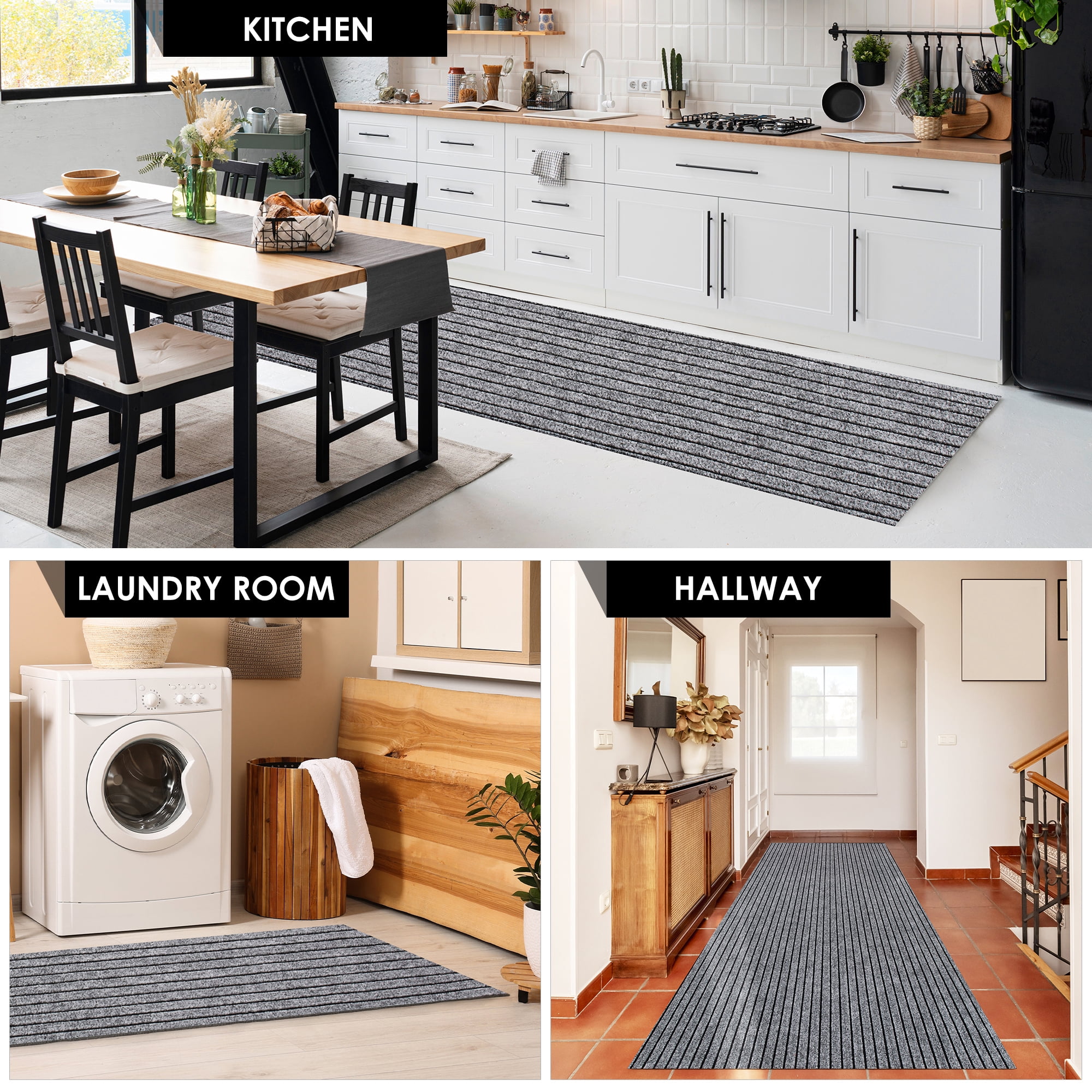 Koloko Runner Rugs Outdoor Indoor Non-Slip Area Rug Long Carpet Runners with Rubber Backing Mat Custom Size for Hallway Kitchen Entryway Garage, Grey Striped, 2' x 8'