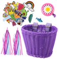 thumbnail image 2 of Cesta de bicicleta con borla de color con ratán con campana, adorno ajustable con pegatinas, manillar delantero hecho a mano, tejido a mano para niños Púrpura Sunnimix Cesta para bicicleta, 2 of 7
