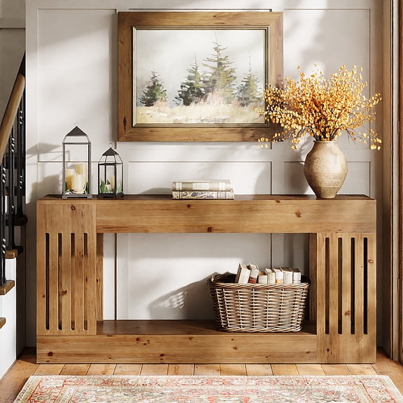 Tribesigns 63-Inch Solid Wood Console Table, Farmhouse Sofa Table with with Vertical Stripe Legs, 2-Tier Entryway Table for Entrance, Hallway, Living Room, Brown
