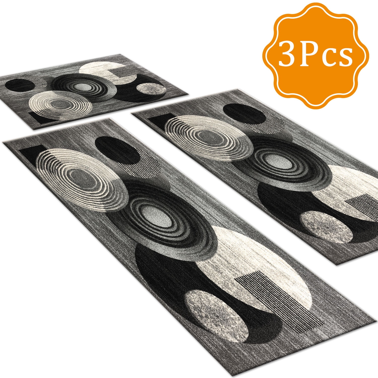 3-Piece Farmhouse Kitchen Rug Set, Washable Anti Slip Striped Floor Mats in 3 Sizes, Stain Resistant Decor Rugs for Kitchen Hallway Bathroom Home Christmas Decor