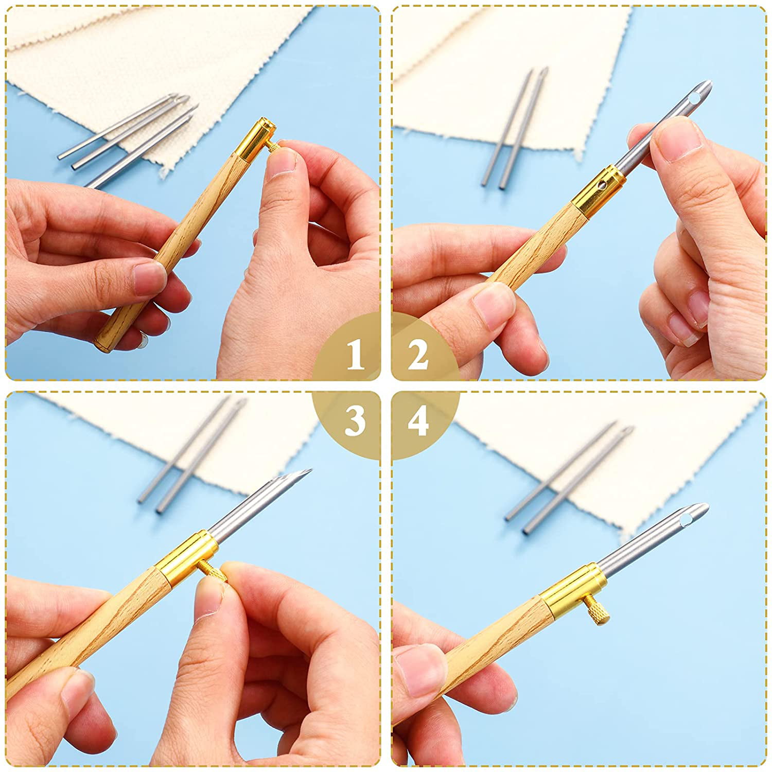 BetterJonny Wooden Embroidery Pen with 4 Long Needle Threader and 4 Small Needle Threader 4pcs Wooden Handle Punch Needle 