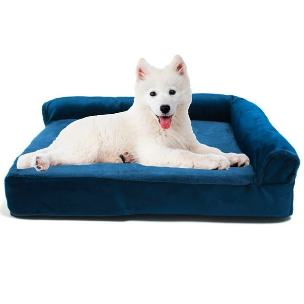 Cama para perro mediano fácil de limpiar y suave, Cama para perro o gato mediano de espuma resistente, Cama para mascota con Funda extraible Lavable en casa y Comoda con Respaldo (Mediana, Azul)