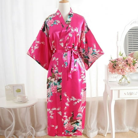 

ZZWXWB Robes For Women Women Print Blossom Kimono Dressing Gown Bath Robe Lingerie Nightdress Hot Pink ac27