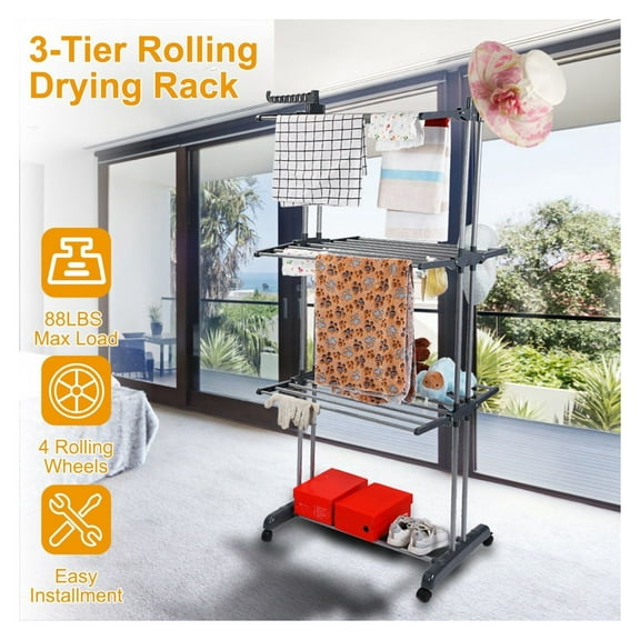 Rolling Laundry Drying Rack, Collapsible Clothes Rack Heavy Duty 88lbs, 3-Tier Folding Dryer Rack with Wheels & Side Wings for Indoor/Outdoor Use