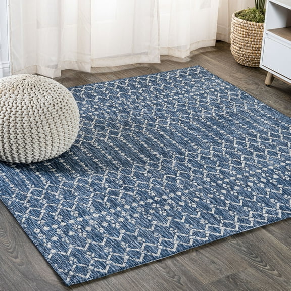 JONATHAN Y SANTA MONICA 8' Square Area Rug, Ourika Moroccan Geometric Textured Weave - Navy/Light Gray, SMB108B-8SQ