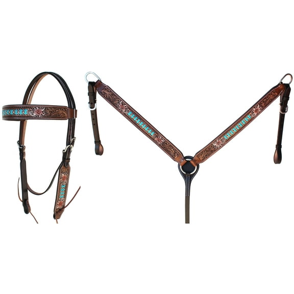 Horse Floral Tooled Turquoise Laced Browband Bridle & Breast Collar Set 78FK30B