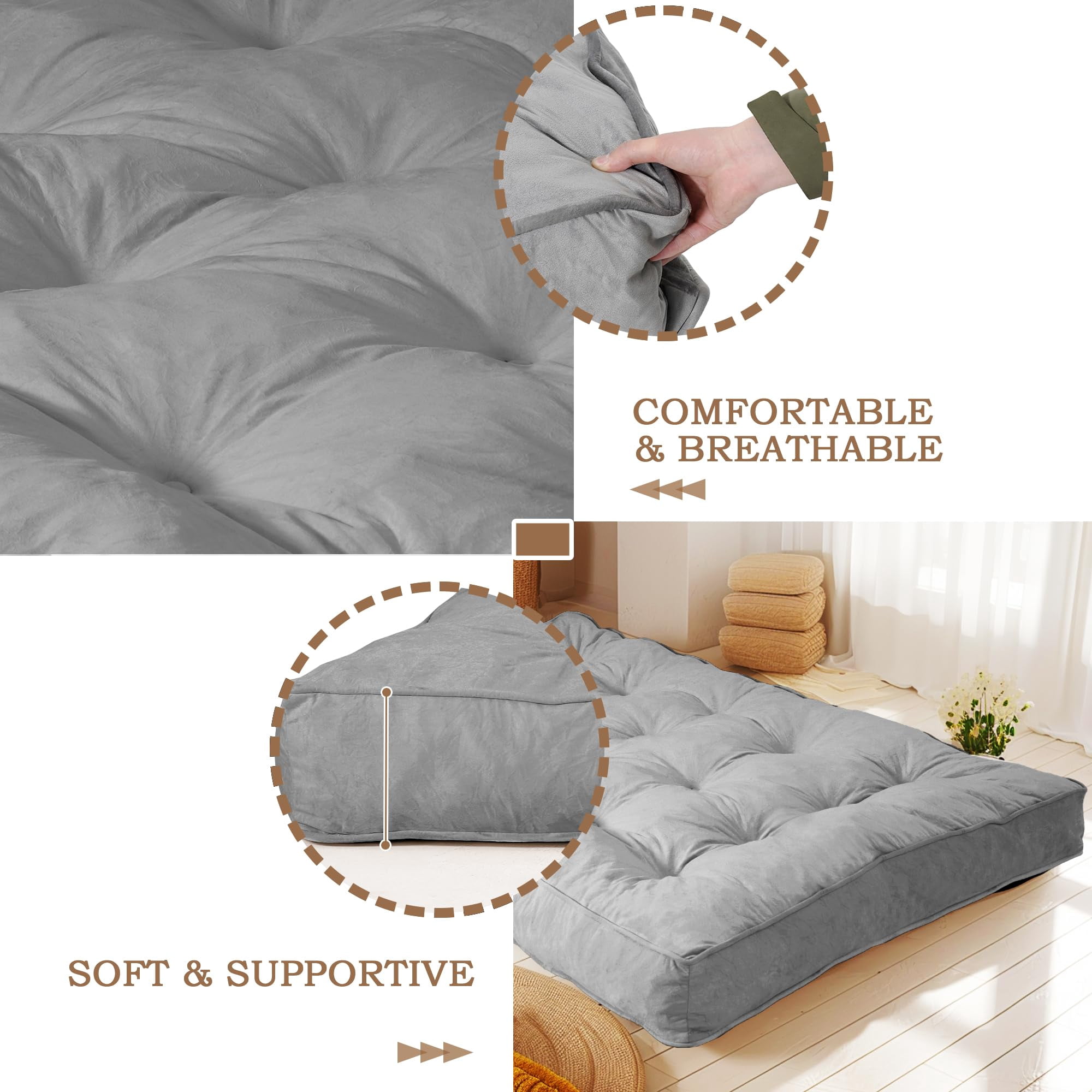8-inch Futon Mattress Queen Size, Thick Futon Sofa Couch Bed Foldable Floor Sleeping Pad for Adults, Portable Floor Bed Mattress, Velvet Tatami Mat (Frame Not Included), Light Grey