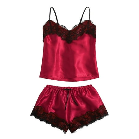 

Gyedtr Summer Accessories for Women Ladies Fashion Solid Color Erotic Lace Sexy Deep V Satin Sexy Camisole Top Short Pajama Suit