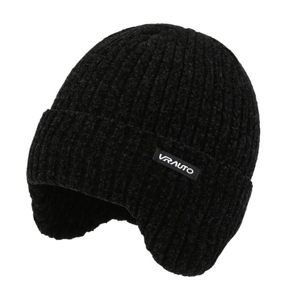 Men Winter Windproof Fleece-Lined Soft Earmuffs Cap Beanies Hat Knitted Hat Ear Protection Cap BLACK