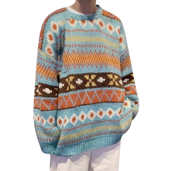 Norvella Mens Fair Isle Sweater Geometric Striped Pattern Crew Neck Long Sleeve Drop Shoulder Pullover Ribbed Relaxed Fit Top