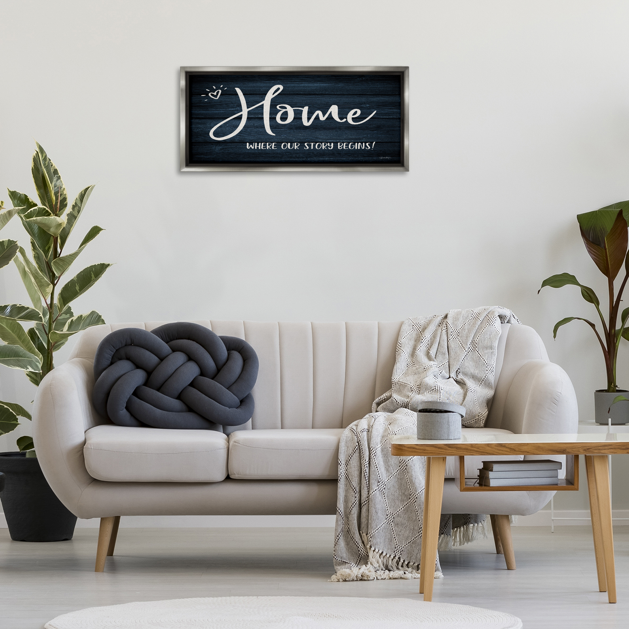 Stupell Industries Where Our Story Begins Typography Painting Gray Floater Framed Art Print Wall Art, 31 x 14