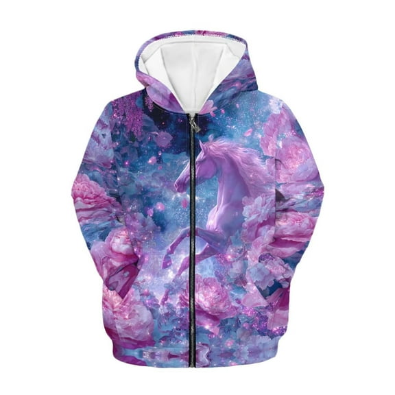 Chririnla Purple Rose Horse Zip Up Hoodie with Pockets Long Sleeve Lightweight Comfy Casual Outerwear for Girls Teens Size 6-9