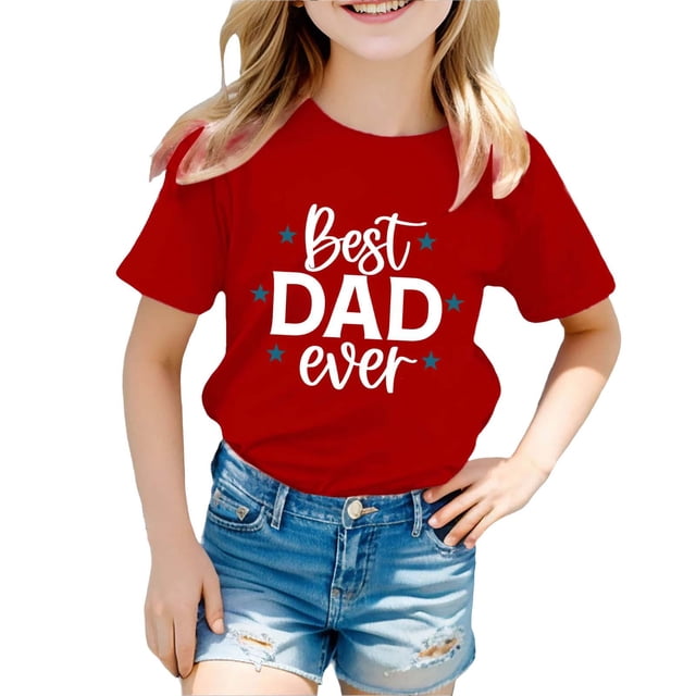 NINGMENG Hauts et T-Shirts pour Filles Tout-Petits Été Fête des Pères Imprimé Lettre Col Rond Manches Courtes T-Shirts Décontractés Amples Usage Quotidien, Rouge, 3-4 Ans