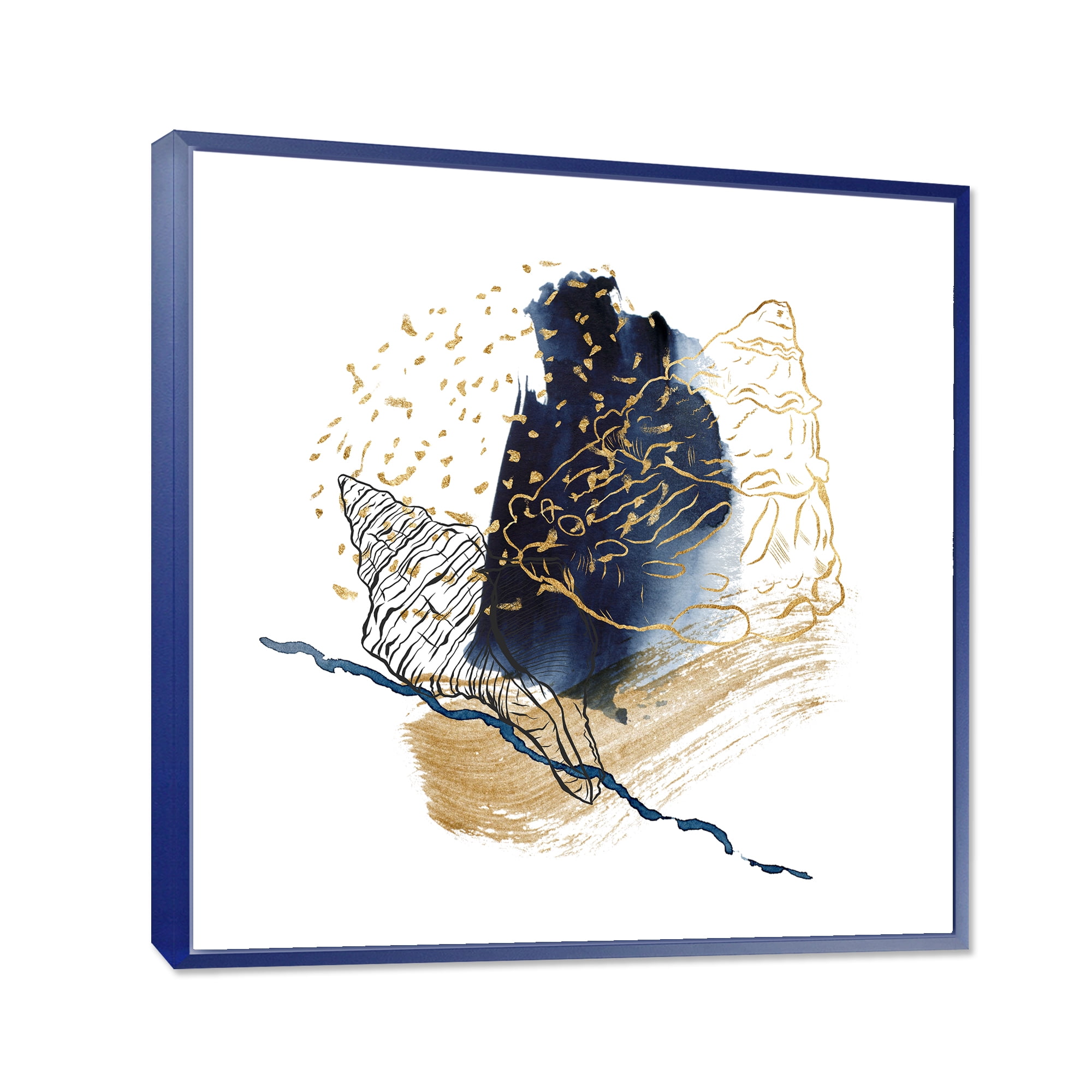 Designart 'Underwater Marine Life With Gold Shell Line Art' Farmhouse Framed Canvas Wall Art Print