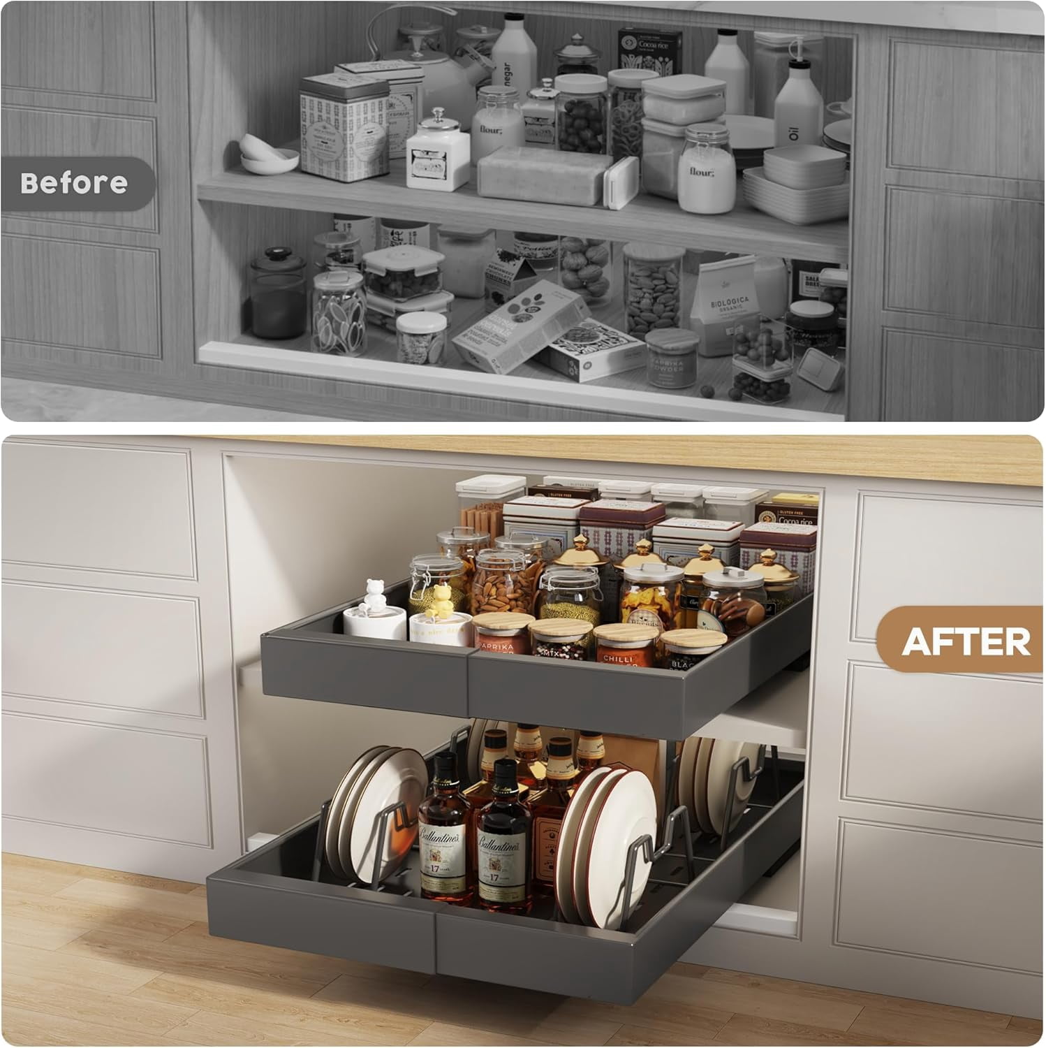 2 Pack Pull out Cabinet Organizer 21" Deep With Raising Pad for Framed Cabinets, Expandable (9"-14" W) Slide out Drawers for Kitchen Cabinets with 4pcs Divider Racks, Roll out Shelves, Black