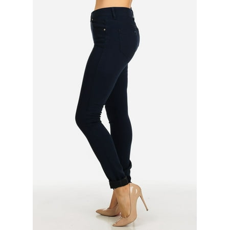 Womens Juniors Mid Waist Blue 5-Pocket Design Stretchy Denim Skinny Jeans