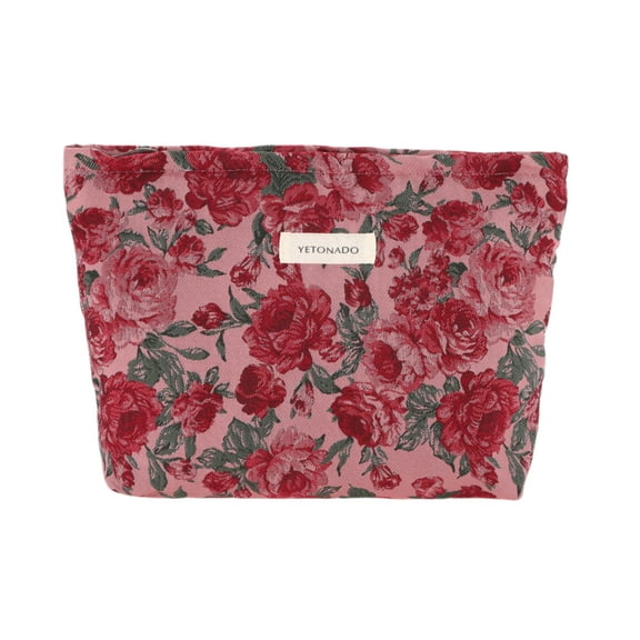 Unique Bargains 1 Pc Vintage Rose Makeup Bag Polyester Red Large