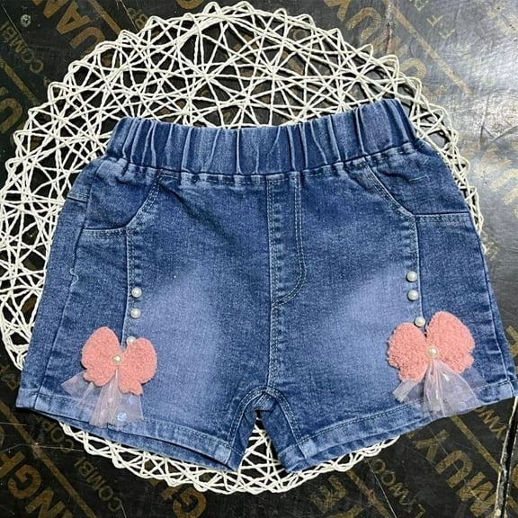 7-7Y Little Girls Summer Denim Shorts Elastic Waistband Flower Ripped Jeans