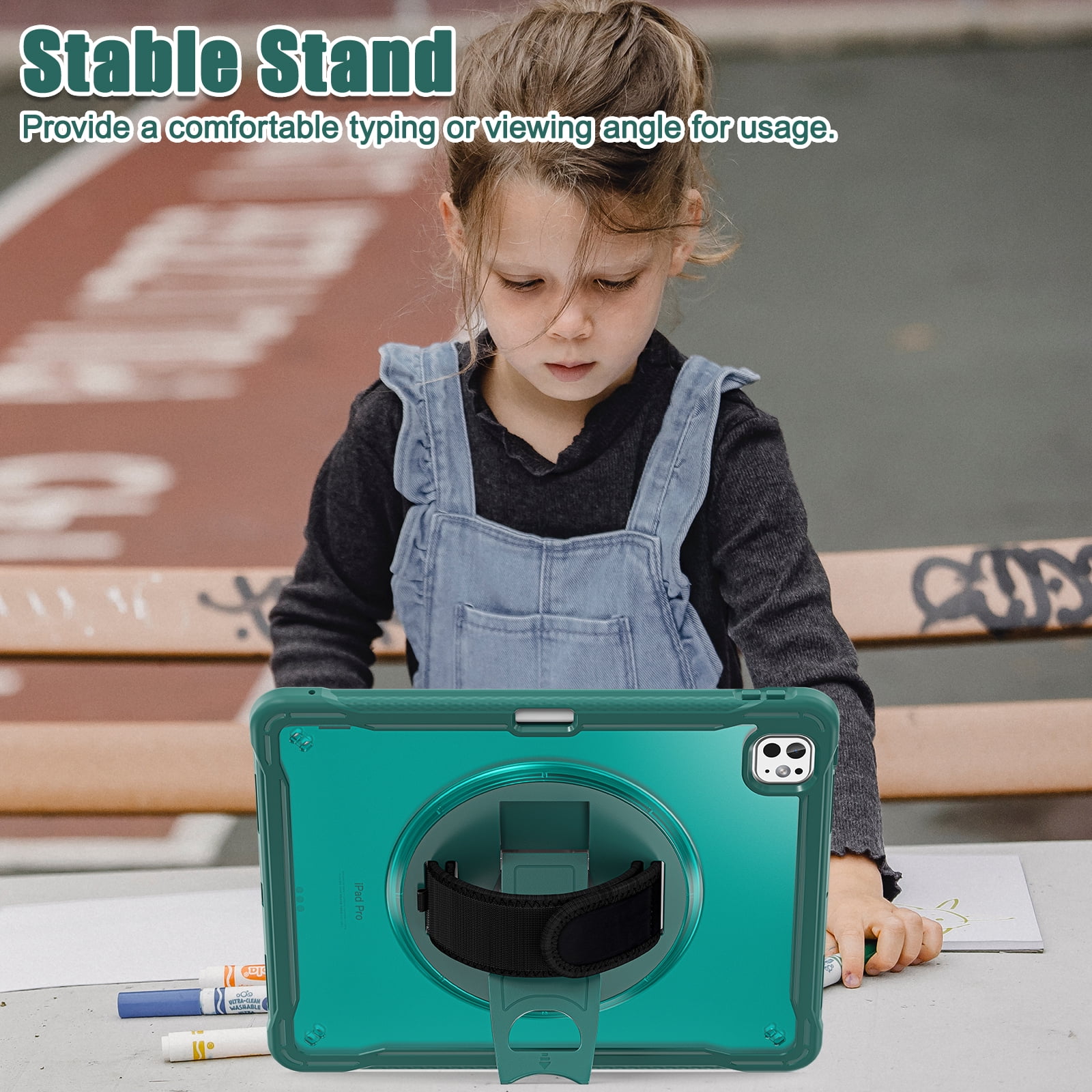 Dteck Case for iPad Pro 13 inch M4 2024,Military Grade Shockproof Silicone Cover 360° Rotatable Stand- Shoulder Strap- Handle- Pencil Holder,Darkgreen