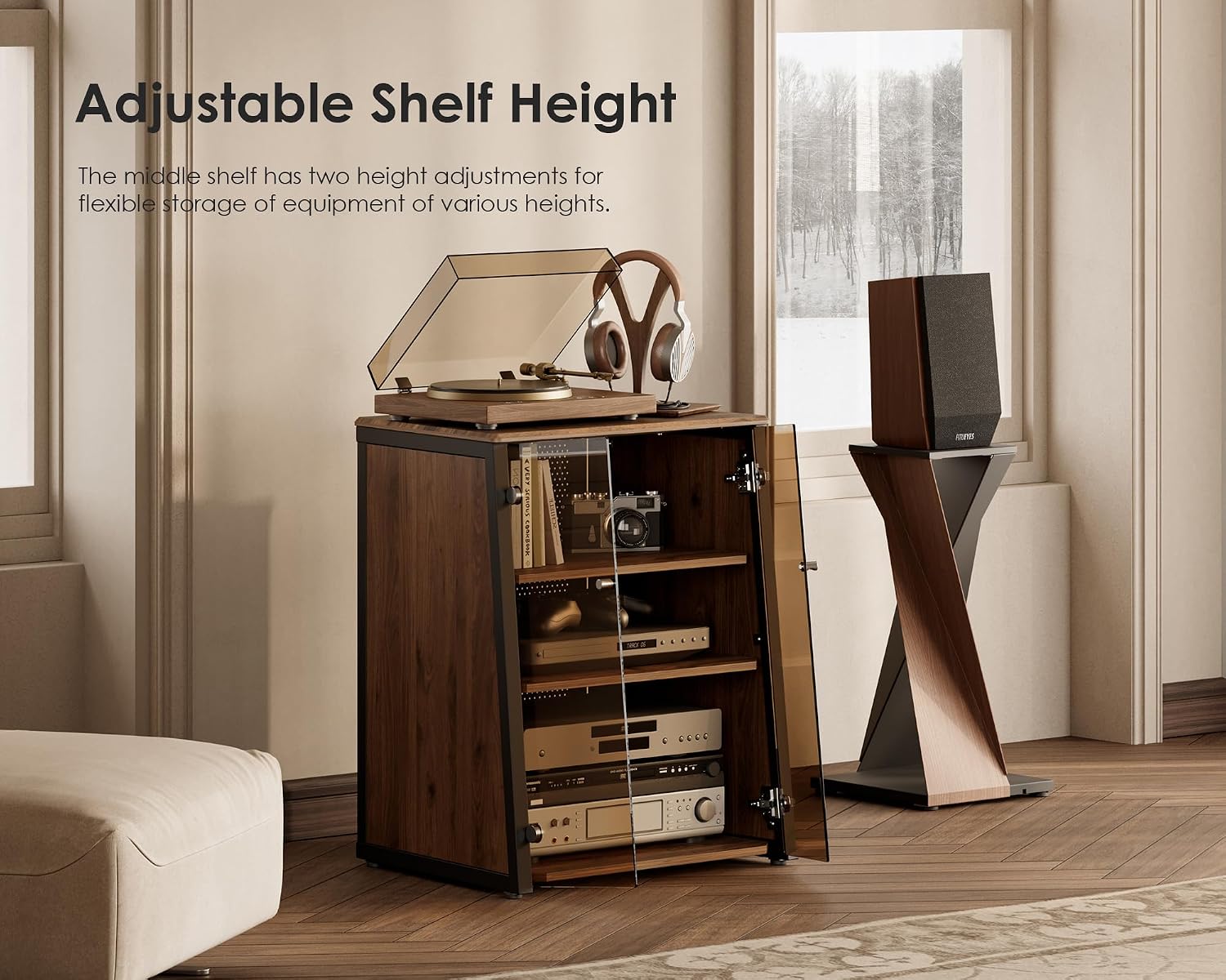 FITUEYES 4-Tier Media Stand with Tempered Glass Doors, Audio Component Cabinet, Dark Wood