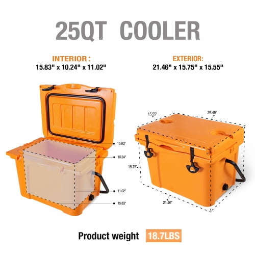 25QT Portable Hard Cooler, Insulated Ice Chest with Bottle Opener & Cup Holder, Built-in Ruler, Ideal for Travel, Beach, Camping, Fishing & Outdoor Activities