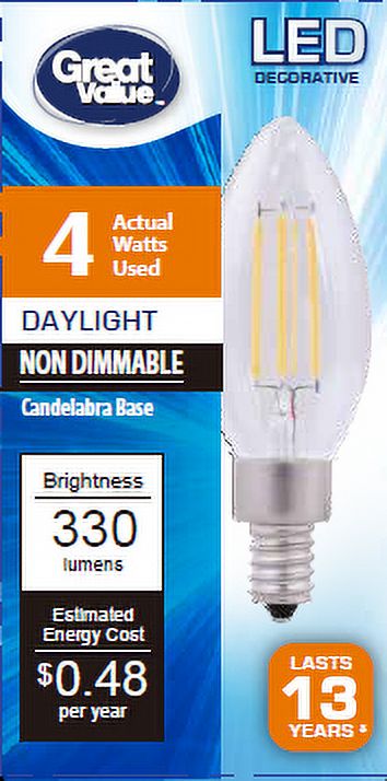 Great Value 40Watts LED Candelabra Light Bulb, E12 Candle Base