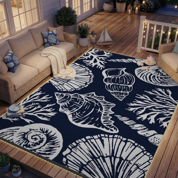 SIXHOME Outdoor Rug with LED Strip Lights 8'x10' Waterproof Patio Rug Reversible Indoor Outdoor Rug Lightweight Plastic Straw Rug for RV Camping Deck Balcony Boho Porch Decor Dark Blue