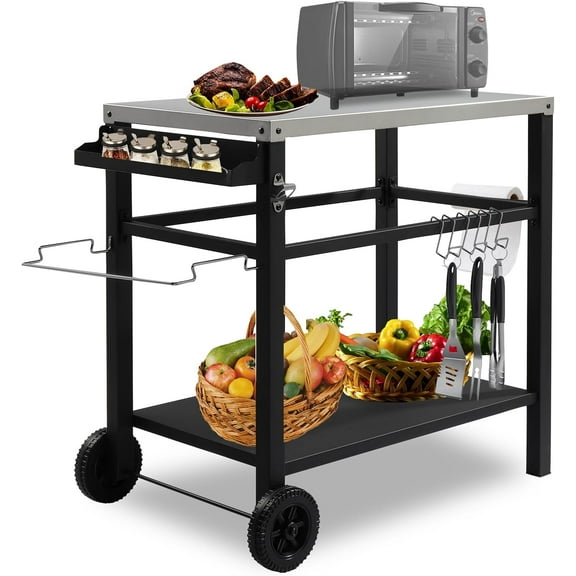 PRZL Outdoor Grill Cart, Movable Food Prep and Work Cart Table, Pizza Oven Stand Table with Wheels, Indoor & Outdoor Multifunctiona Stainless Steel Flattop BBQ Table for Home Party Camping(Silver)