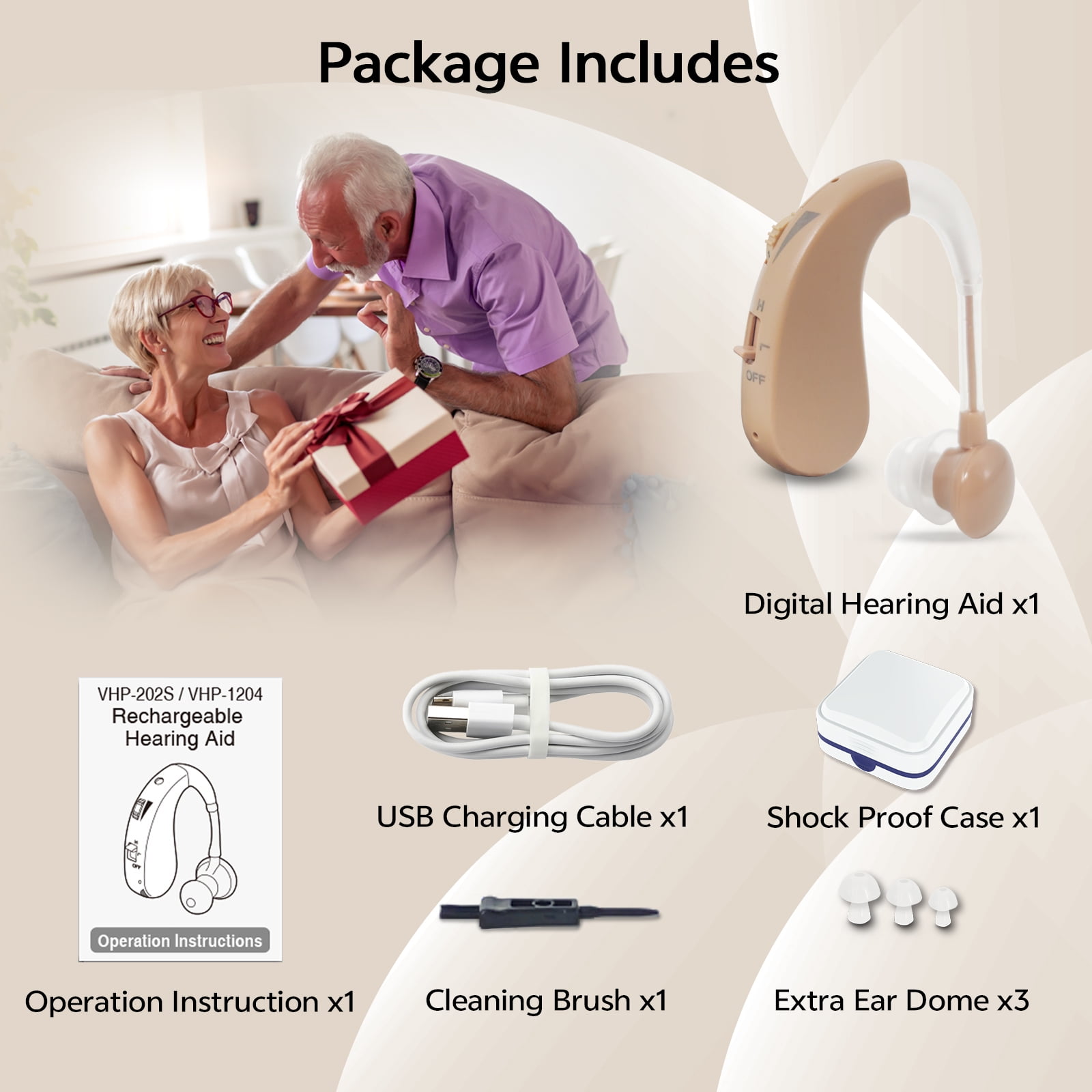 ELCTRTICI Hearing Aids for Seniors, VHP-1204 Behind-the-Ear Rechargeable Hearing Aid with Noise Cancellation, Designed for Hearing Loss, Single, Beige