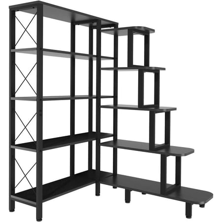 Corner Bookshelf Bookcase, Large Reversible 5 Tier Ladder Shelves Storage Display Rack with Metal Frame, Industrial Home Office Furniture for Living Room Bedroom, Black