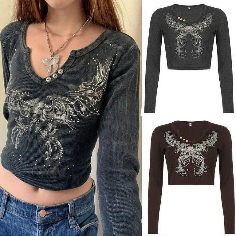 Grunge Emo Goth Shirt With Lace Bow - Y2K Coquette Babydoll Crop Top For Women, Vintage Graphic Tee, Summer Tops
