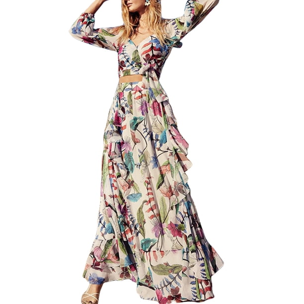 TRKIYQC Conjuntos de 2 uds de primavera y otoño para mujer, Tops cortos de manga larga con cuello en V y falda acampanada floral larga TRKIYQC moda