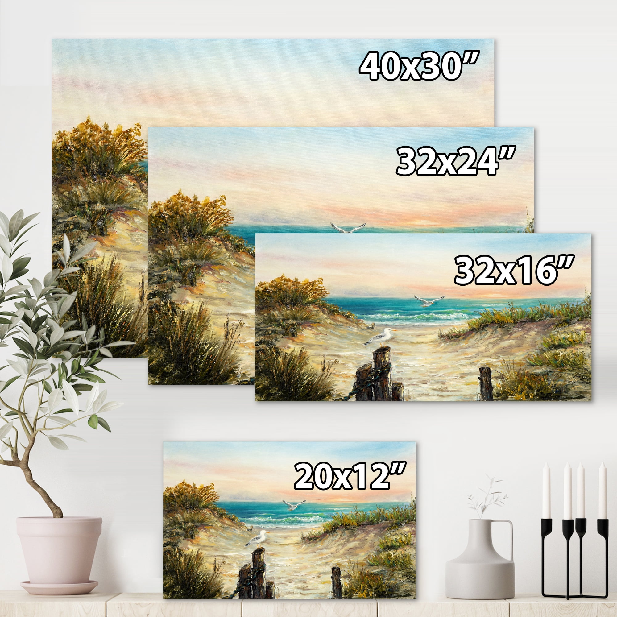 Designart ' Ocean Dunes During Pink Sinset on Beach ' Nautical & Coastal Canvas Wall Art Print