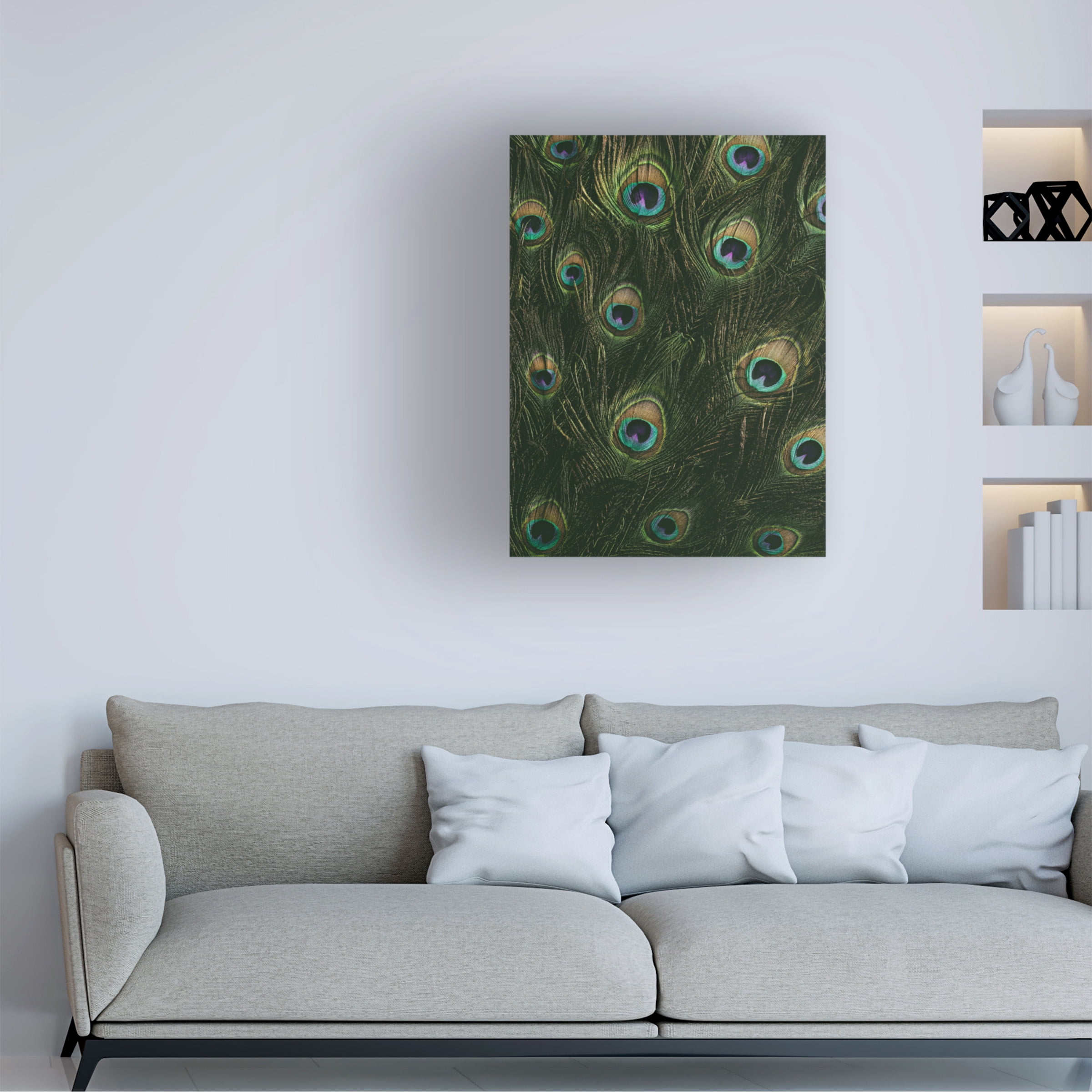 Canvas Wall Art - Tom Quartermaine 'Vintage Multi Peacock Feathers' Wall Art for Living Room, Bedroom, or Office Décor by Trademark Fine Art - 14 x 19 Inches