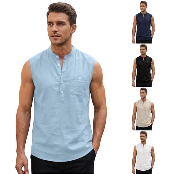 JAJAHO Henley Shirts For Men Linen Sleeveless Tank Top With Pocket Workout Muscle Gym Solid Color Summer Beach Basic Tops