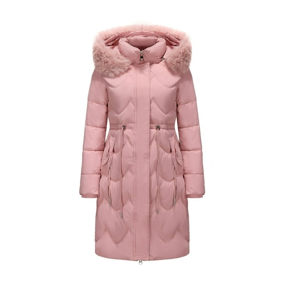 AUNVITO Women's Heavyweight Mid-Length Winter Coat Solid Color Hooded with Fur Trim Front Zipper Pockets Casual Outerwear