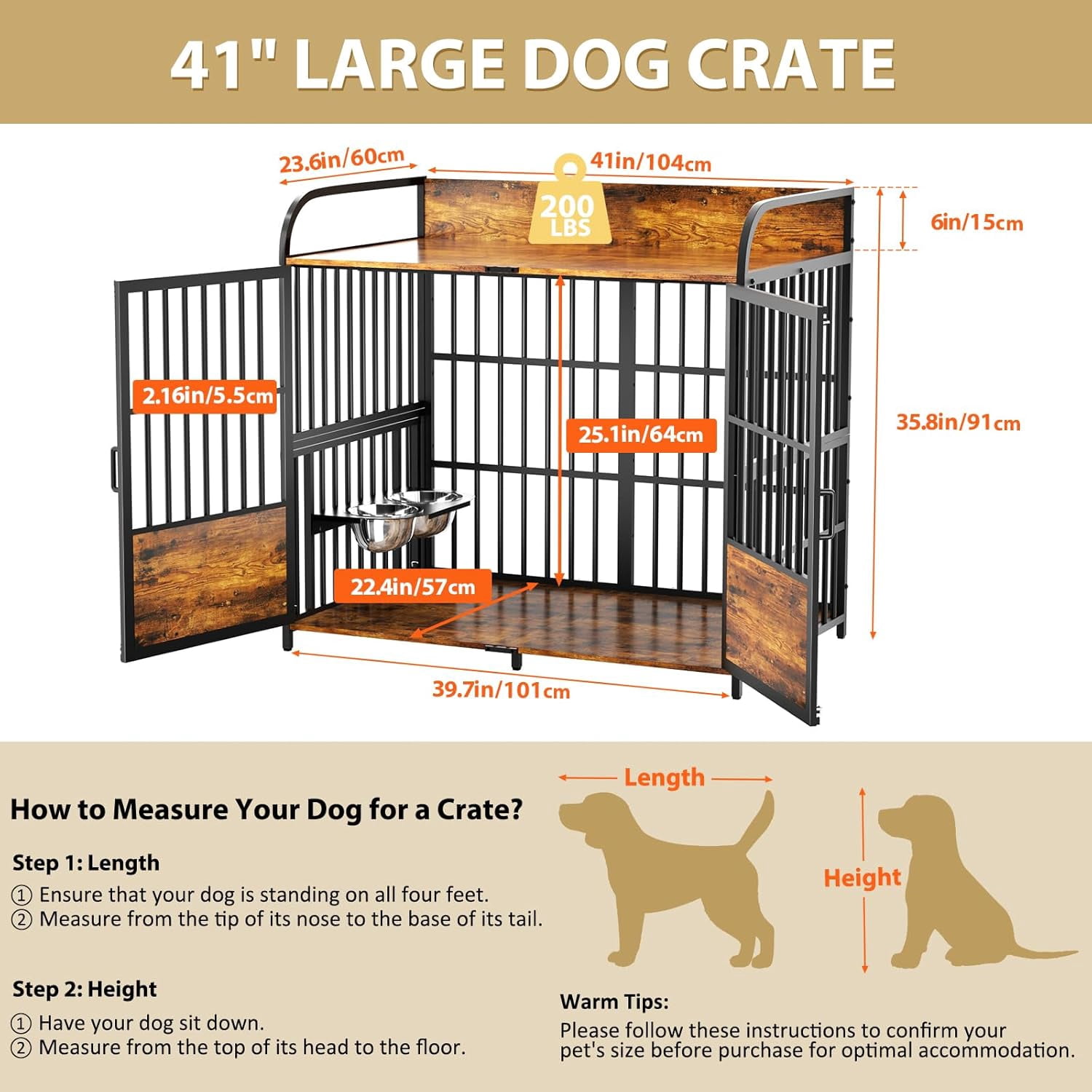 41" Dog Crate Furniture with Adjustable Bowls, Indoor Furniture Style Wooden Dog Kennel, Decorative Dog Cage End Table for Small, Medium Dogs, Brown