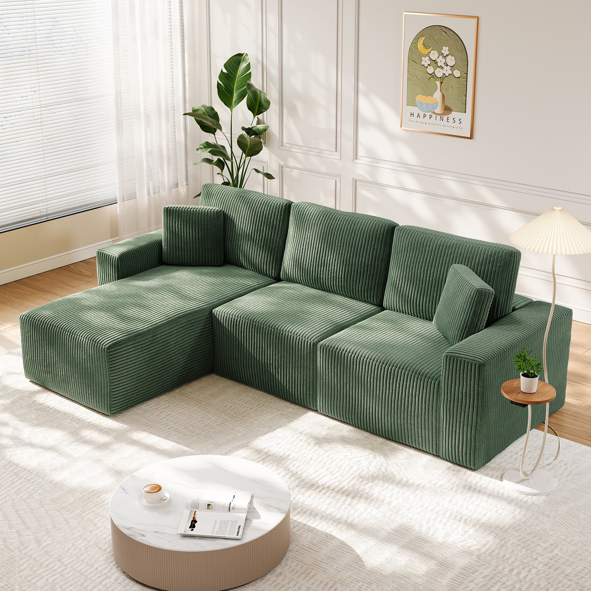 Solid Wood Frame Corduroy Sofa Couch, Neche 100" Sectional for Living Room, L-Shaped, Green