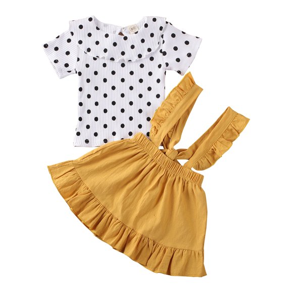 BemeyourBBs Toddler Baby Girls Summer Clothes Vintage Infant Baby Girls Summer 2 Piece Outfit Polka Dot Collar Short Sleeve T-Shirt and Ruffle Suspender Skirt Set