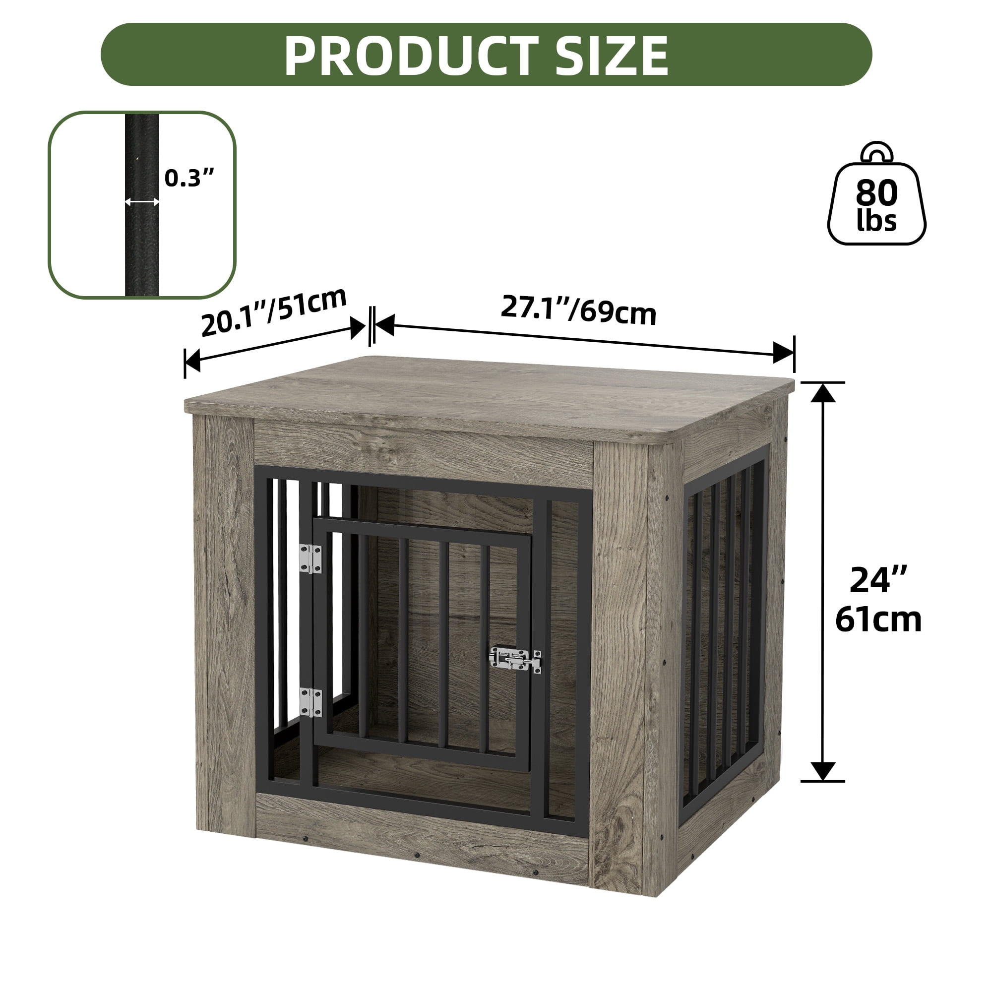 Uforic 2-in-1 Dog Crate Furniture, 27 in Wooden Indoor Dog Cage Table with Steel Lock & Waterproof Top,Gray