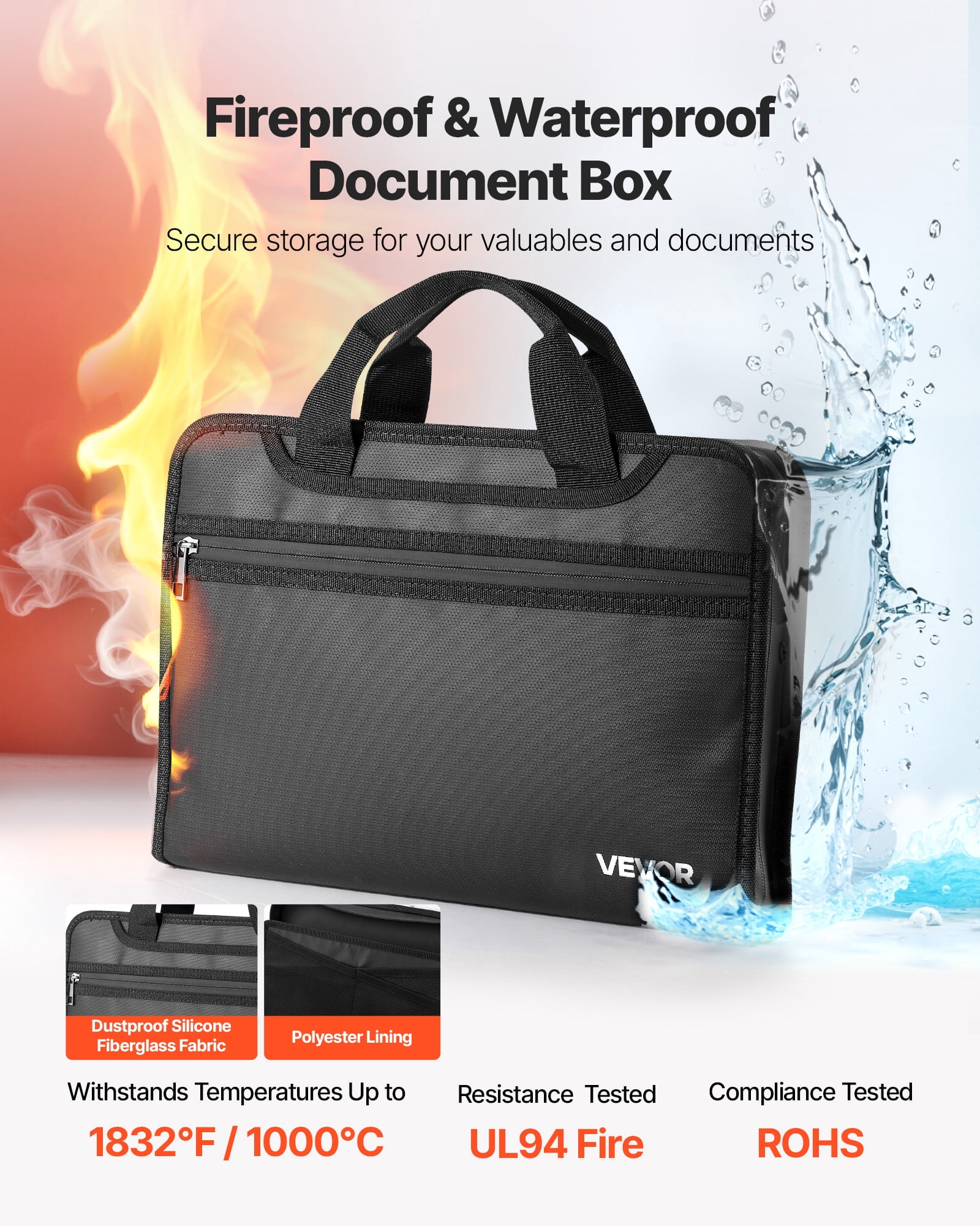VEVOR Fireproof Document Bag, 1832 ℉ Heat Insulated Fireproof & Waterproof Bag, Portable Multi-Layer File Storage Security Organizer Home Office Travel Use, for Passports, Important Documents, Files