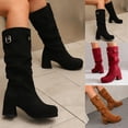 thumbnail image 2 of Womens Platform Boots Casual Suede Slouchy Pull on Mid Calf Winter Booties Block Heel Buckle Strap Dress Long Boots Black Size 9, 2 of 6