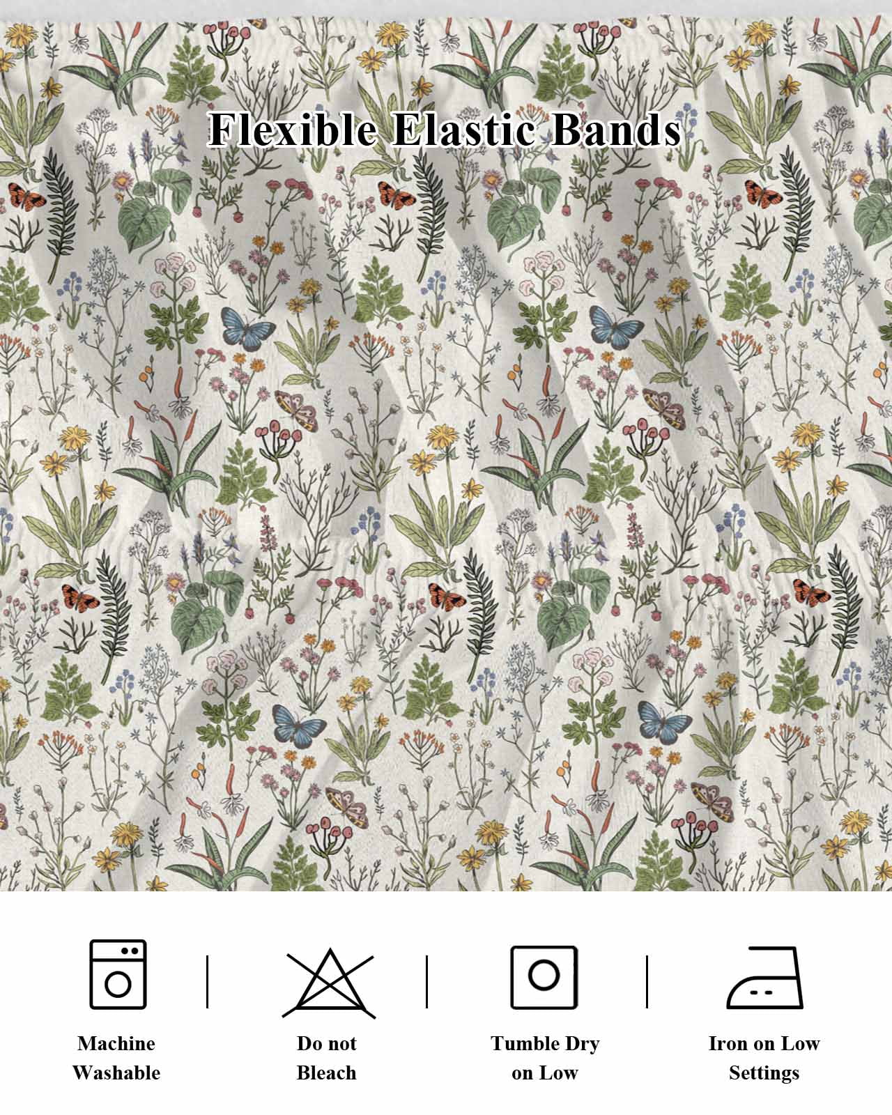 Herb Flower Texture Bed Skirt King Size 16 Inch Drop, Retro Watercolor Country Farmhouse Adjustable Elastic Dust Ruffles Bedskirt for King Bed Wrap Around Pleated Mattress Frame Cover