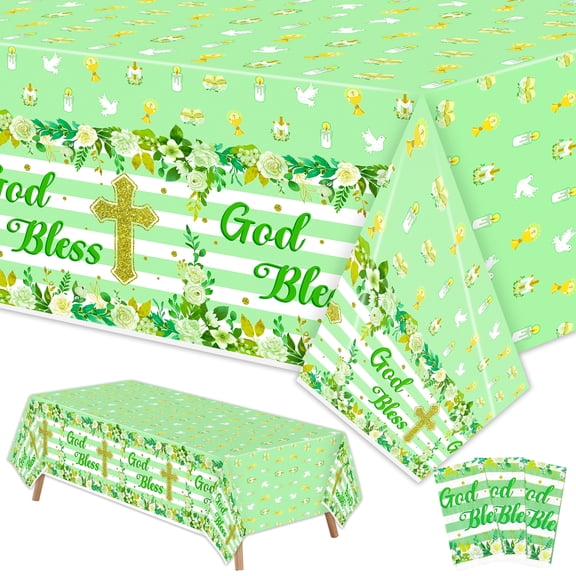 GROBRO7 3 Pack Green Bless Plastic Tablecloth for Baby Shower Communion