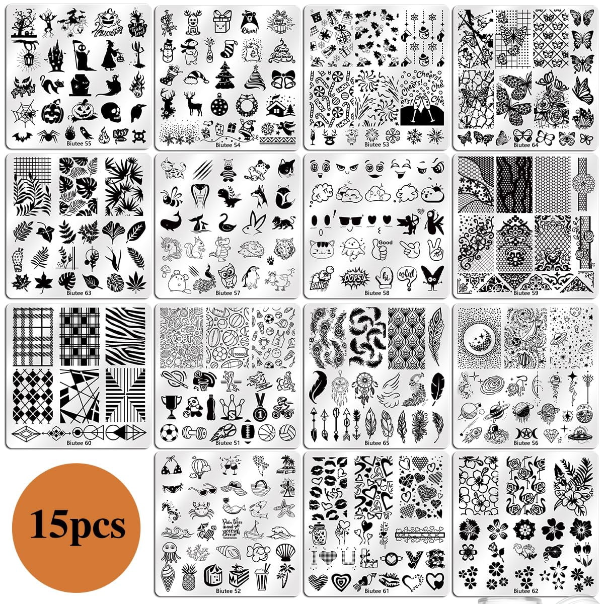 Biutee Nail Stamp Plates Set 15pcs Nail Plates 8pcs Stamp Gel 1pc Nail Stamper Scraper Set Storage Bag Gift Box Nail Stamp Template Kit Lace Flower Star Holiday Design for Halloween Christmas Gift
