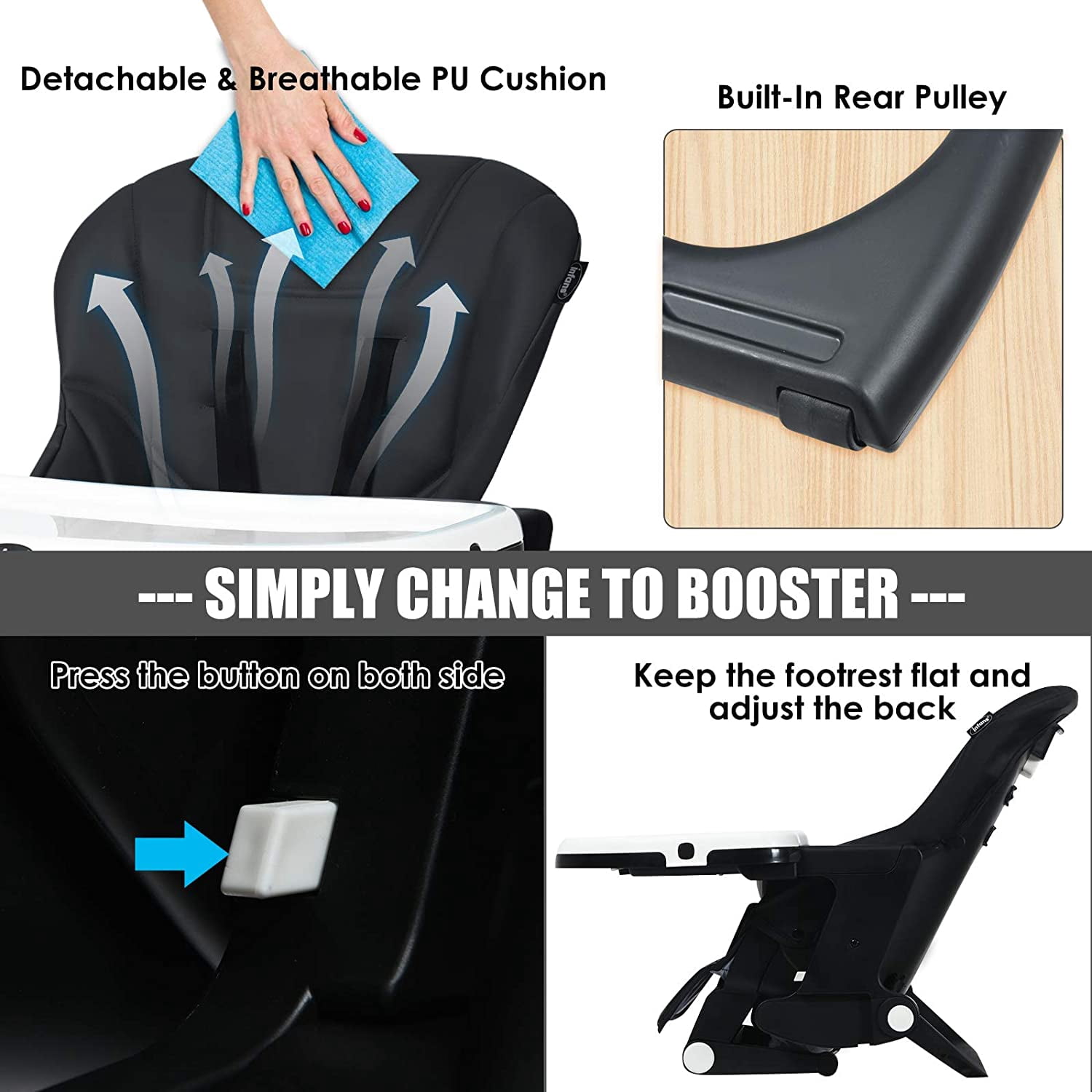 INFANS 4 in 1 High Chair–Booster Seat, Convertible Highchair w/Adjustable Height, Removable Tray, Detachable Cushion, Installation-Free, Simple Fold for Baby, Infant & Toddler, Black